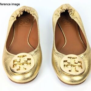 Tory Burch Minnie Travel Metallic Gold Sz 8.5 Shimmer Medallion Flats